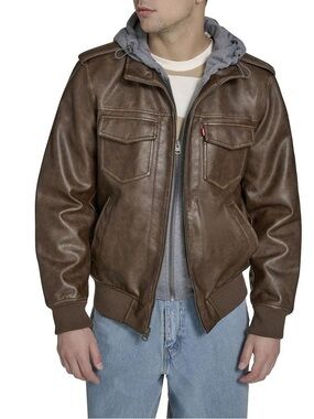 Levi's® Faux Leather Hoody Racer Bomber Jacket in saddle brown